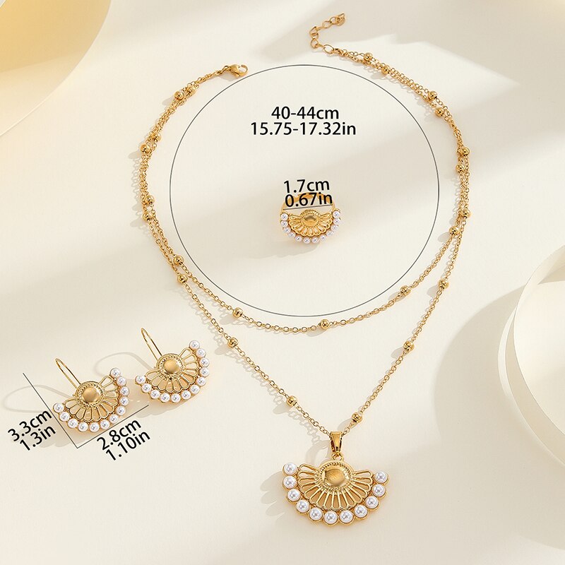 Pcs Fan Half Hollow Out Round Pearl Jewelry Set Gold Plated Earrings Ring Ladies Natural Inlaid Necklace for Party facce 5