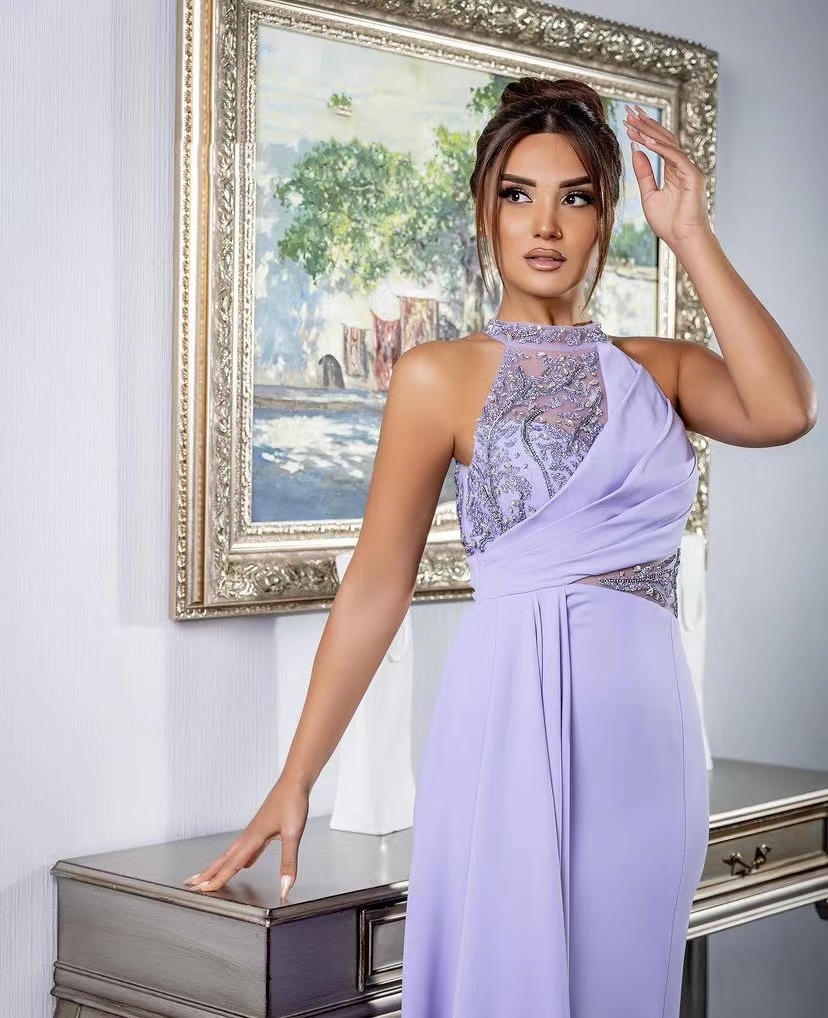Beaded High Collar Prom Dresses Evening Gown Halter With Crystal Womens Special Ocn Dress Side Train Satin Robe Des Marrige 6660306