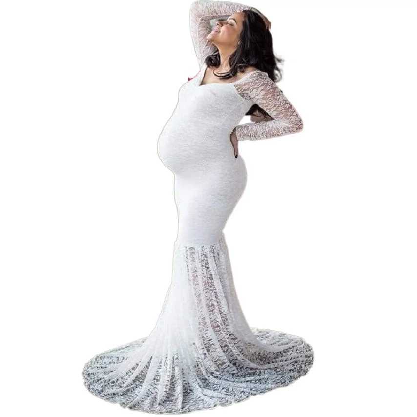 Maternity Dresses Women Ruched Floral Lace Maternity Photography Prop Long Sleeve Maxi Dress Fancy Wedding Pregnancy Gown Baby Shower Photoshoot 24412