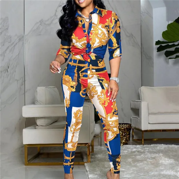 street wear Women's Two Piece Pants Fashion Women Chic Set Outfits Letter Print Colorblock Knot Front Buttoned Top High Waist