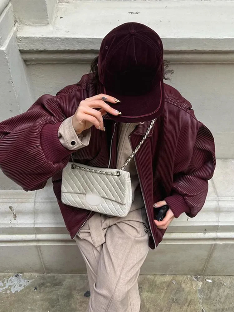 Fashion Retro Wine Red Suede Leather Jacket Elegant Lapel Long Sleeves Loose Short Coat Spring Autumn Chic Lady Street Outerwear 241112