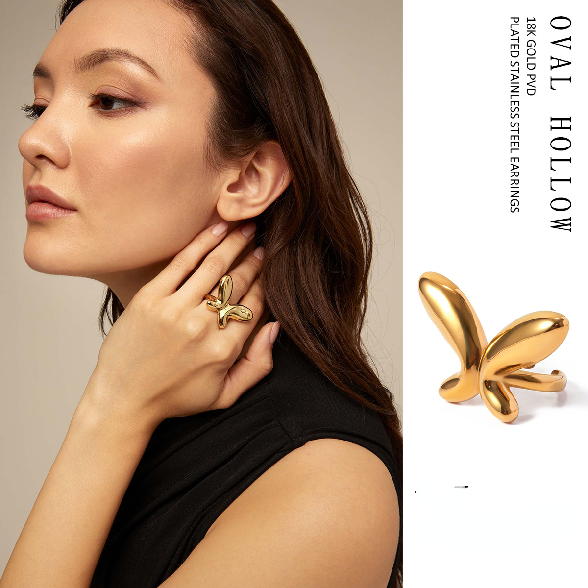 18k Gold-plated Stainless Steel Butterfly Opening Ring for Women Designer Jewelry Free Shipping Wholesale