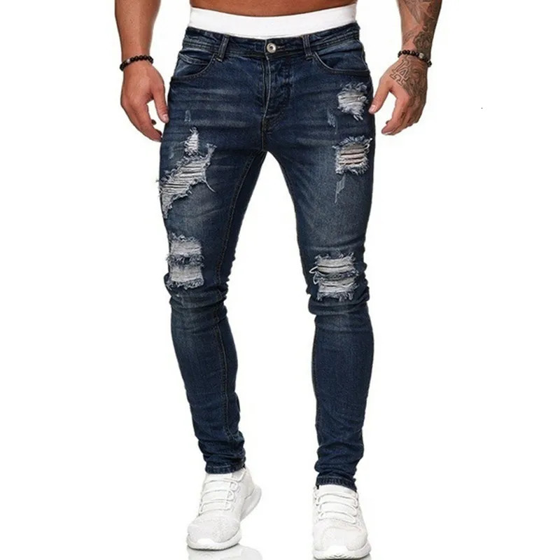 Fashion Street Style Ripped Skinny Jeans Men Vintage wash Solid Denim Trouser Mens Casual Slim fit pencil denim Pants 241112