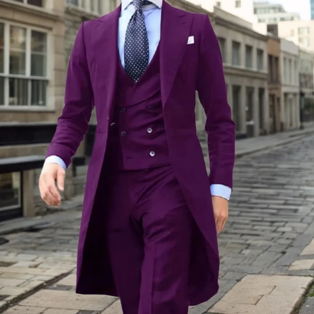 Elegant mens slim fit set 3-piece jacket vest pants set wedding stage costume party long tail jacket 241111