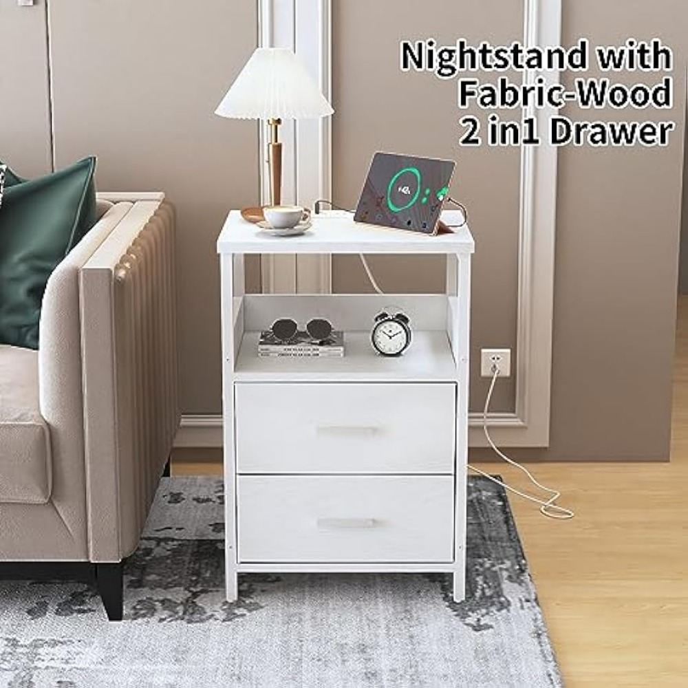 KHLJJU Nightstand with Charging Station,Side Table for Small Spaces, White Bedside Tables with Outlets for Living Room