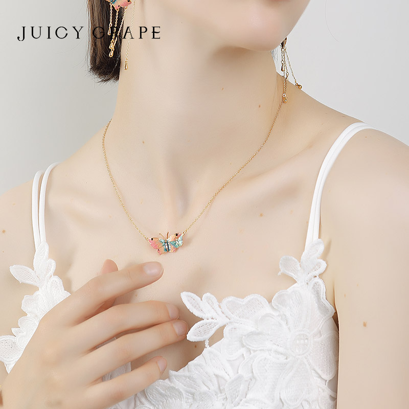 JUICY GRAPE Butterfly Necklace for Women's Exquisite Enamel Collarbone Chain Gold Plated Wedding Party Boutique Jewelry e20c2