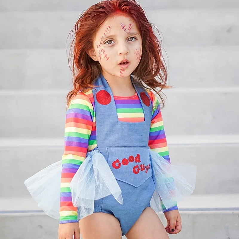 Baby Girl Boy Halloween Clothes Set RomperLong Sleeve Shirt 2PCS Child Chucky Doll Evil Bodysuit Costume Baby Clothes 2-7Y 240329
