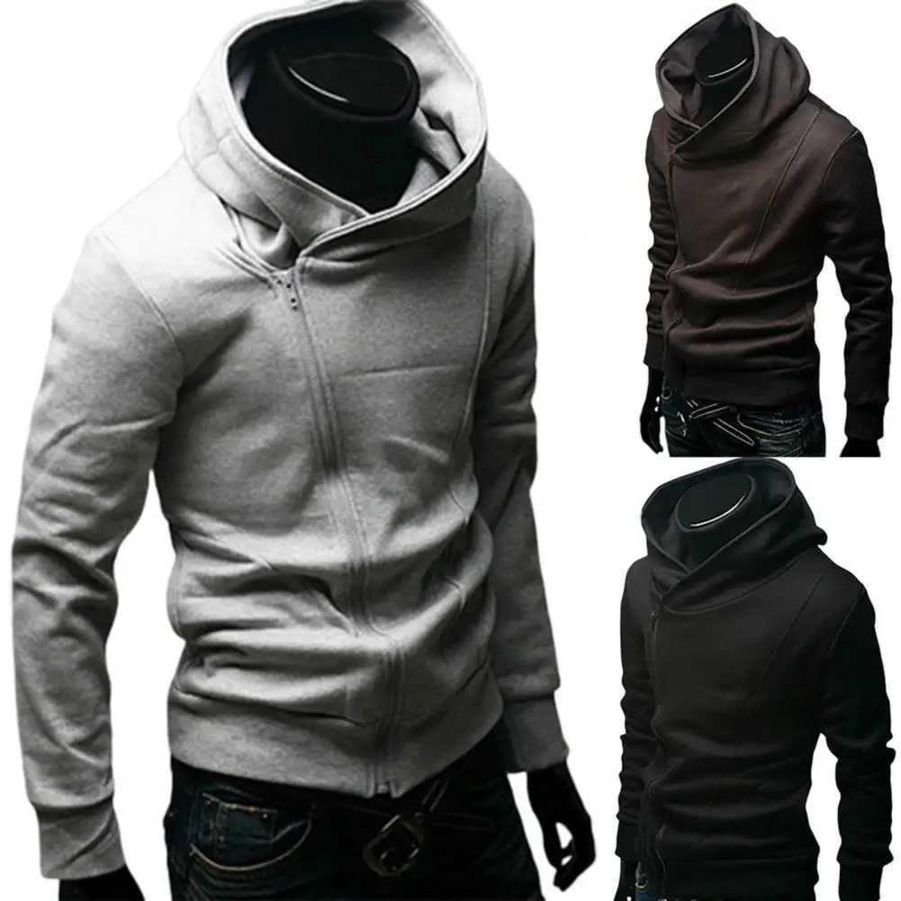 Autumn mens turtle neck sports shirt long sleeved diagonal zipper sports hooded jacket casual tracksuit mens hip-hop sports shirt top W2411111