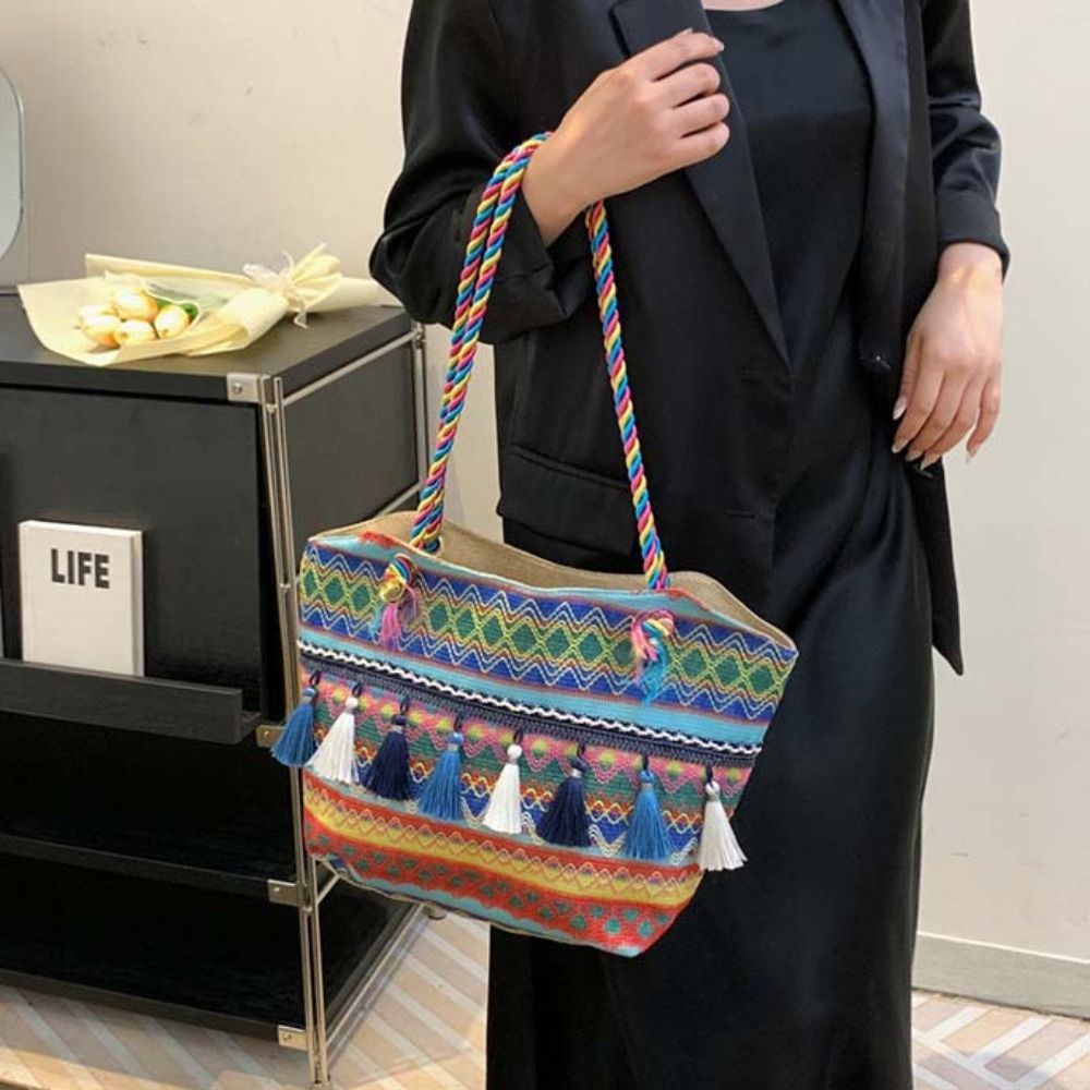 Stripe Ethnic Style Shoulder Bag Tassel Large Capacity Canvas Colorful Handbag Travel Storage Bag Korean Style