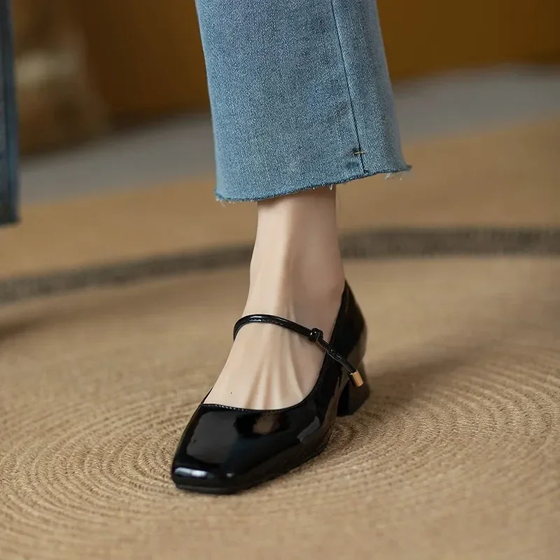 High Heels French Dress Party Shoes for Woman Platform Patent Leather Mary Jane Burgundy Black Square Toe Mid-heel Pumps 241112