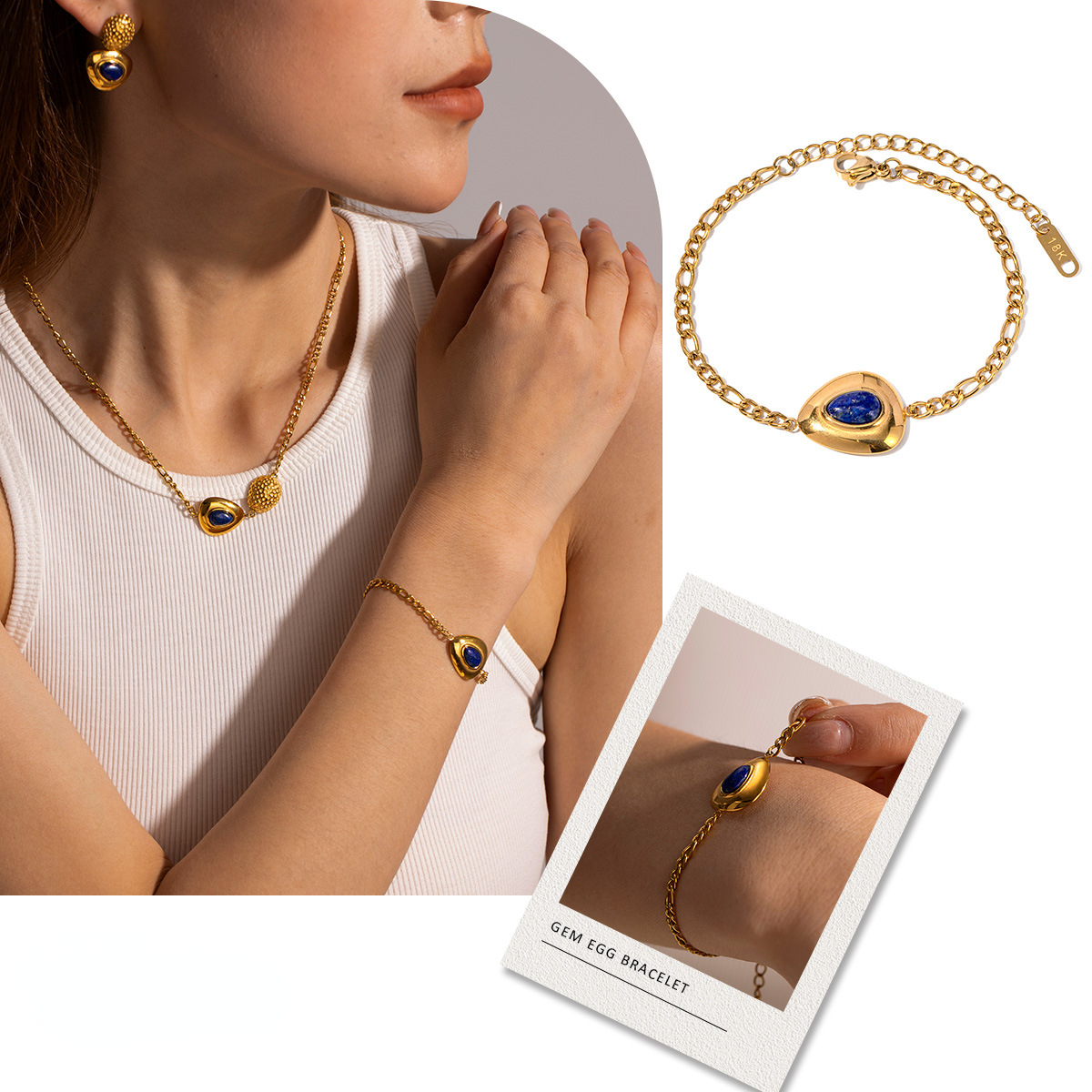 Minimalist Designer Bracelet for Women Plated 18k Gold Stainless Steel Lapis Lazuli Triangle Inlaid Lapis Lazuli Pendant Bracelet Wholesale of Daily J