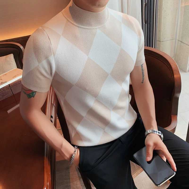 Knitwear sweater turtle neck Korean luxury clothing short sleeved mens sweater winter slim fit diamond grid pull rod Homme 4XL W2411111
