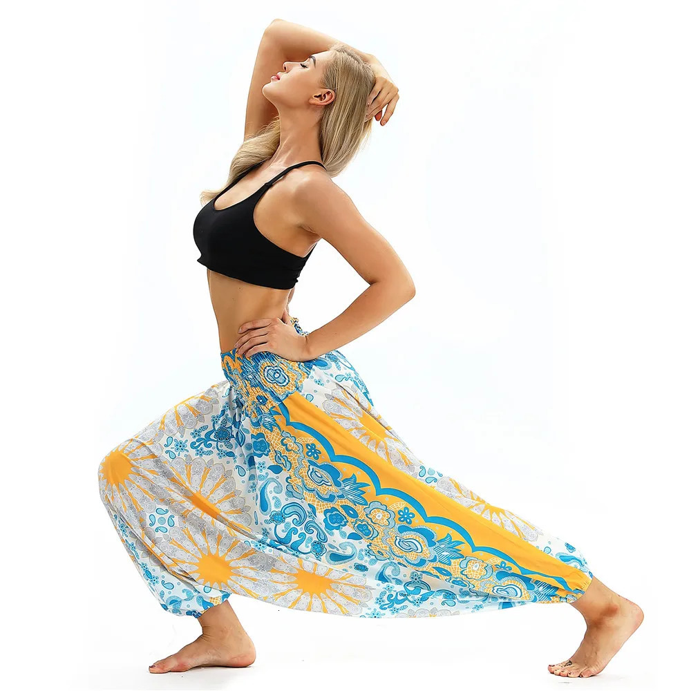 Women Beach Pants Trousers Bohemia Gypsy Hippie Sarouel Wide Leg Harem Peacock Feather Print Elastic Ladies Loose 240402