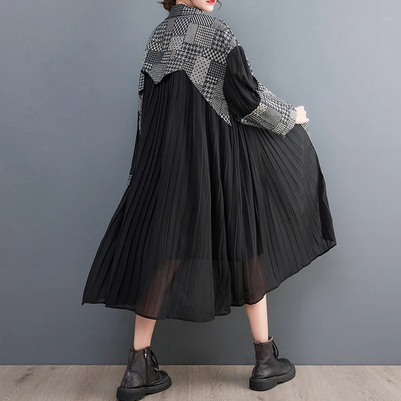 #2178 Spring Pleated Long Shirt Dress Women Denim Spliced Chiffon Sleeve Loose Vintage Midi Female Button 240329