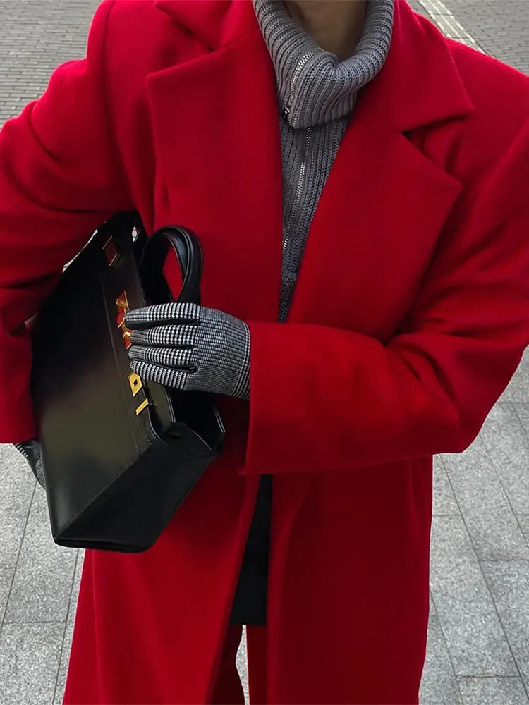 Fashion Red Turn Down Collar Long Overcoats Elegant Lady Solid Sleeves With Pocket Coats 2024 Autumn Winter High Streetwear 241112