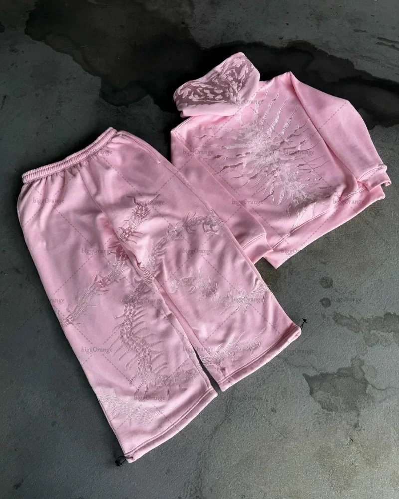 Y2K Harajuku Streetwear Gothic Punk Pattern Embroidery Baggy Sweatpants Men High Street Trend Retro Straight Trousers Couple 241112