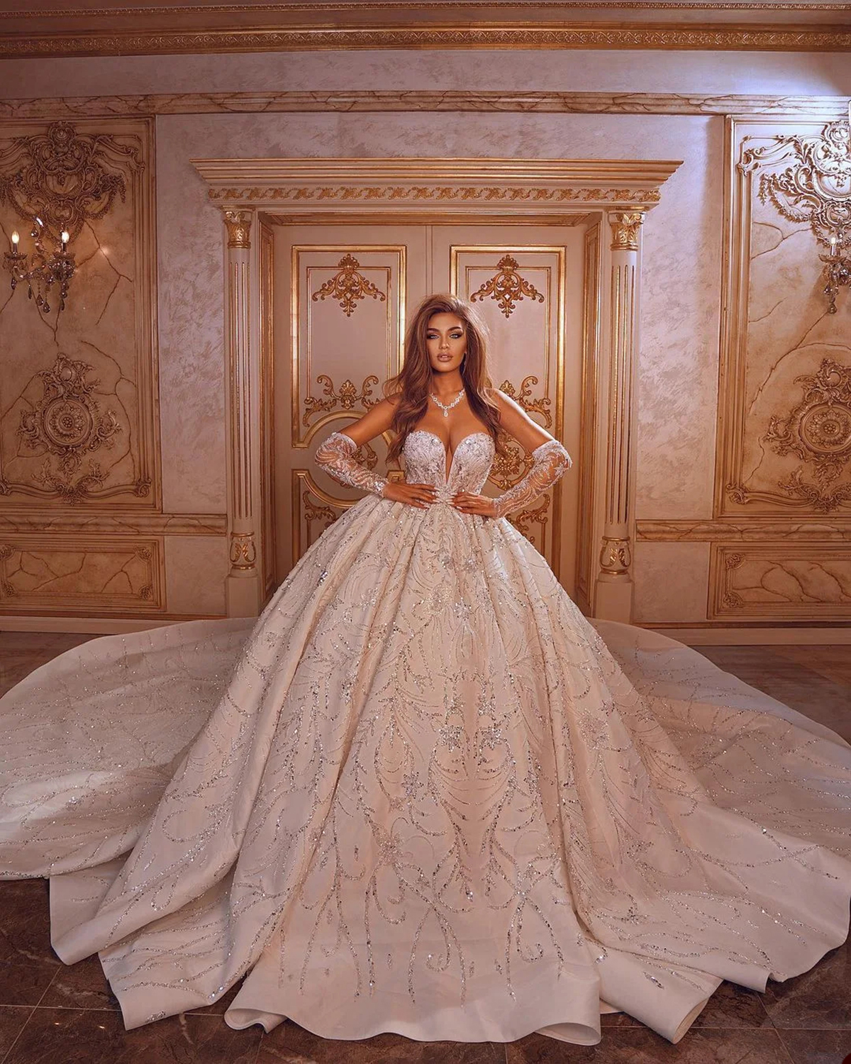 Ball Wedding Dress Sheer Neck Removable Sleeves Bridal Gown Appliques Sequins Detachable Train Dresses Custom Made vestidos de novia