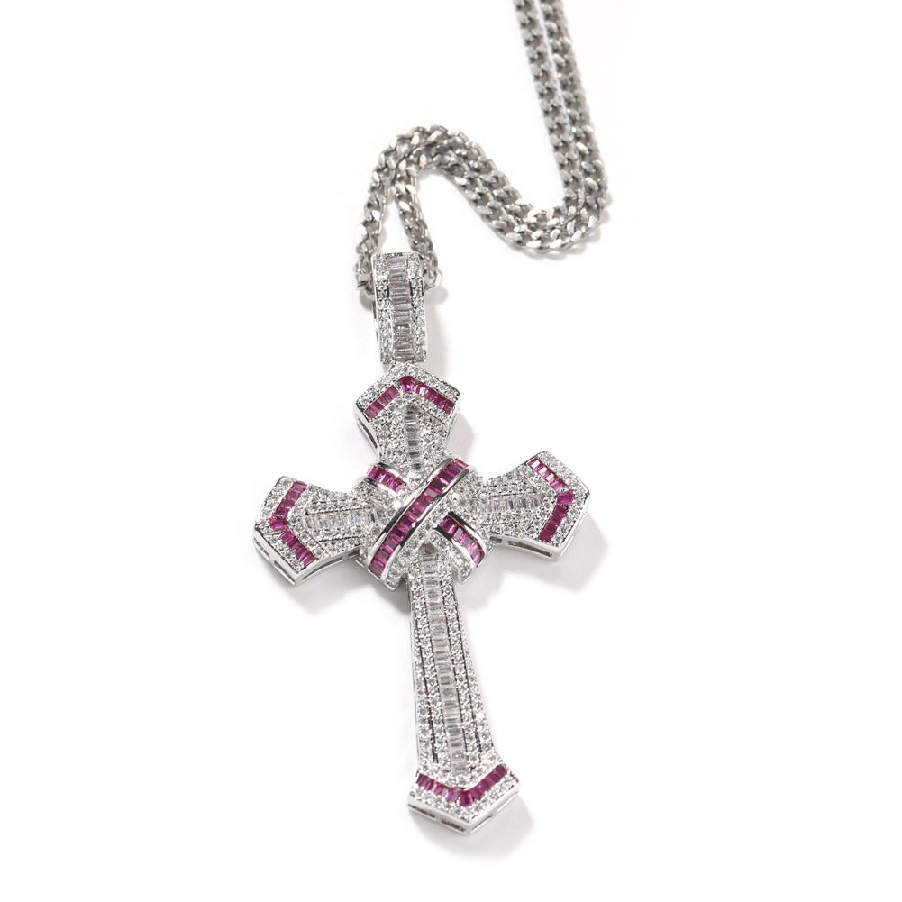 Hip Hop Cross Pendants Necklace Platinum Plated Men Women Lover Gift Religious Jewelry with Leather Rope Chain