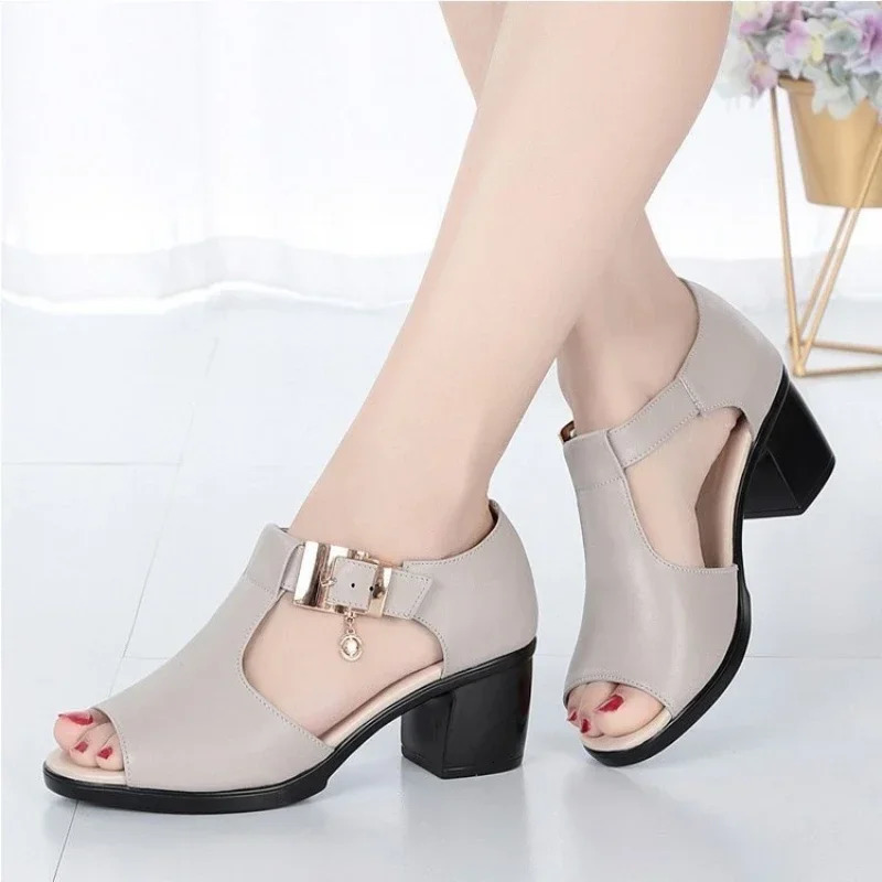 Sandals Women 2024 Summer Fish Mouth Fashion Buckle Solid High Heels Outdoor Comfort Walking Shoes Female Sandalias De Mujer 241112