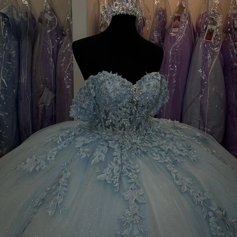 Sky Blue Princess Ball Gown Quinceanera Dresses Off The Shoulder Classic Applique Lace Bow Beads Tull Sweet 16 Dress Vestido 15 De Anos