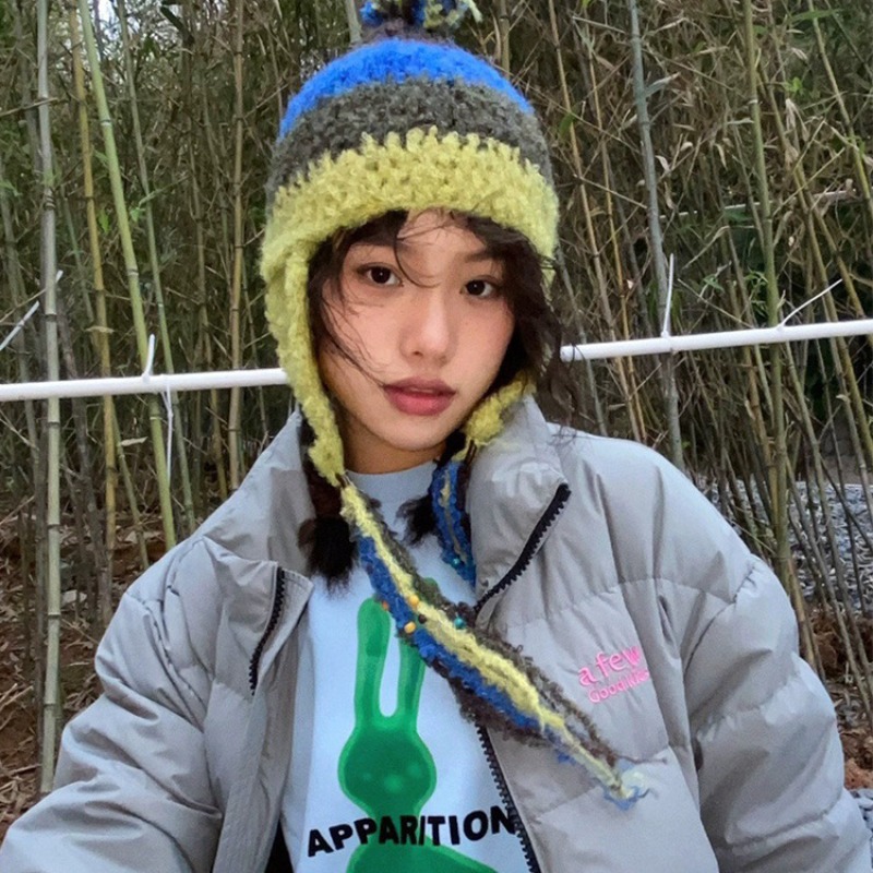 Y2K Autumn Winter Crochet Hats for Women Ears Warm Blue Green Beanies Female Preppy Windproof Cap Earflap Bomber Hat Gorra 002e8