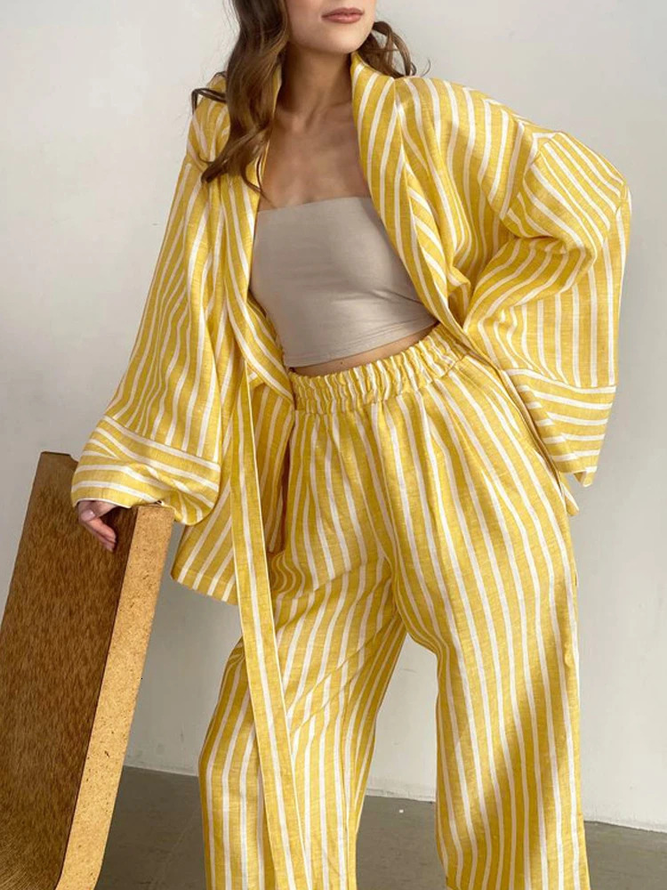 Casual yellow striped home set elegant high waisted wide pants set fashionable long sleeved shirt two-piece set pajamas set womens clothing set 241112