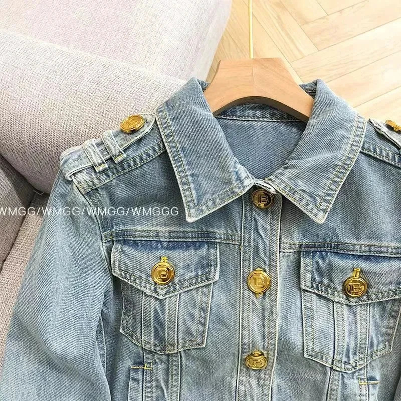 Short Heavy Industry Denim Jacket Korean Laundry Fashion Short Style Temperature Top Metal Buckle Denim Jacket 241112