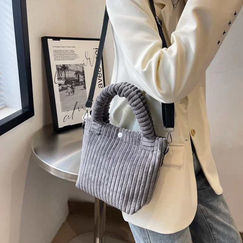 Fashion Corduroy Womens Bag Trend Handbags Niche Versatile Bucket Shoulder Bags Female Nylon Button Crossbody 241111
