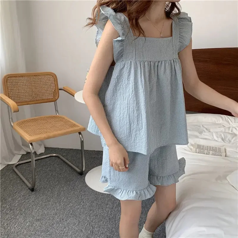 Plain sleepwear womens sleepwear shorts set long sleeved Korean Kawaii sleepwear ruffled summer home clothing set sleepwear evening gown 241112