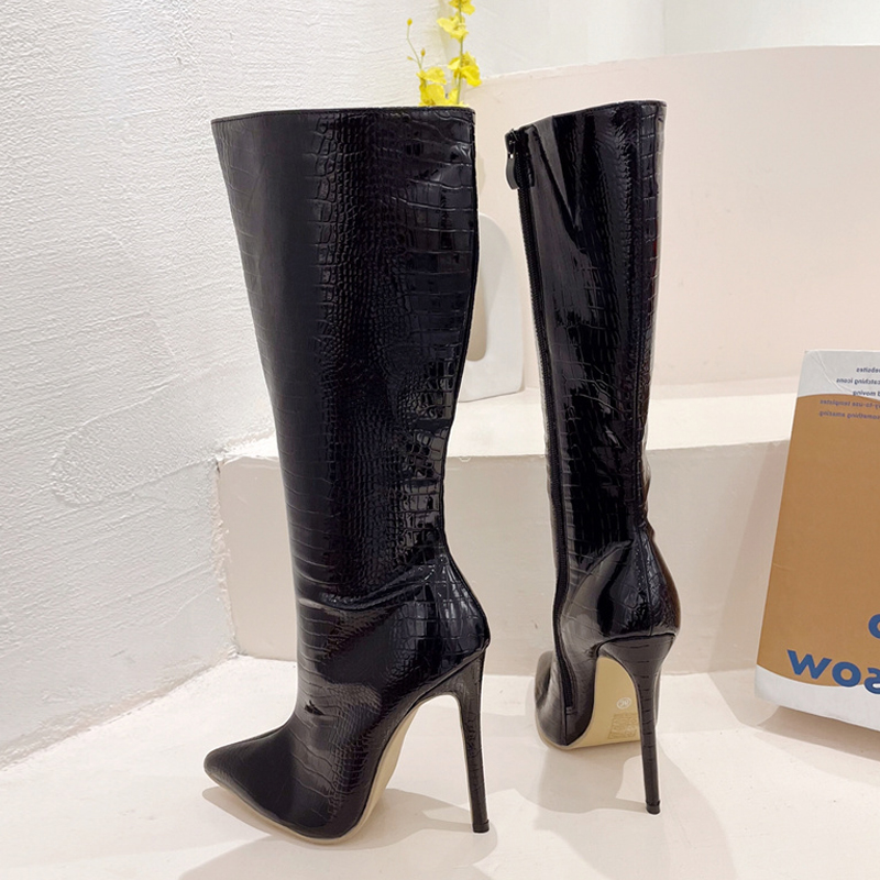 Liyke Black Green Snake Print Leather Women Zip Cool Motorcycle Knee High Boots Sexy Pointed Toe Stripper Heels Long Shoes Femal