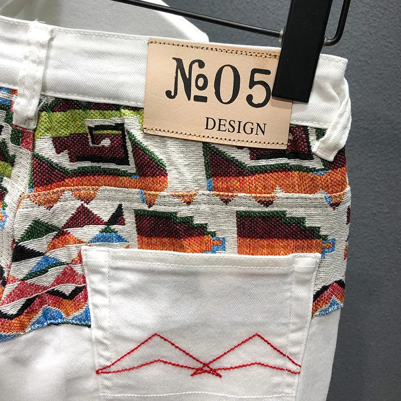 Summer Denim Shorts Mens Stitching Embroidery Ripped Kneelength Shorts White Black Retro Blue Fashion High Quality Jeans 240402