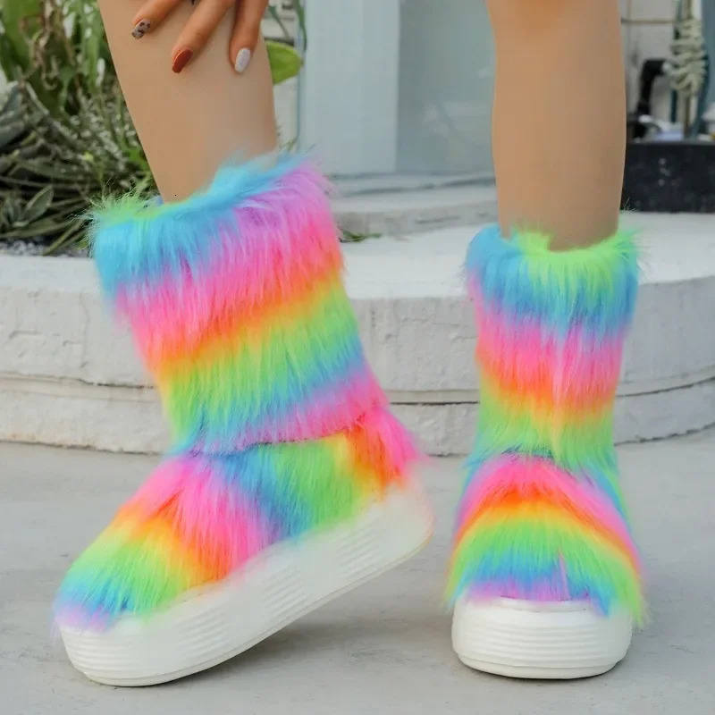 Rainbow Fur Ankle Women Snow Boots Platform Shoes Winter 2025 Warm Flats Chelsea Boots Short Plush Fashion Women Shoes 241112