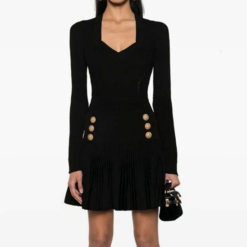 2024 Spring New Black Waist Collection Crimson Dress Classic Short Style Integrated Knitted Skirt Loose Novelty Waist Round Neck Dress Lace Dress