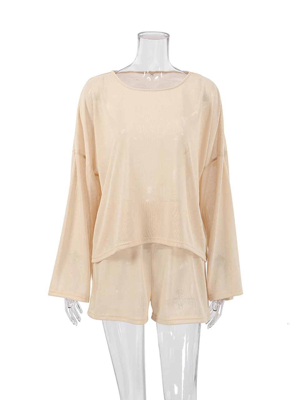 Linad loose womens knitted pajamas 2-piece set khaki long sleeved O-neck womens casual set winter shorts 241112