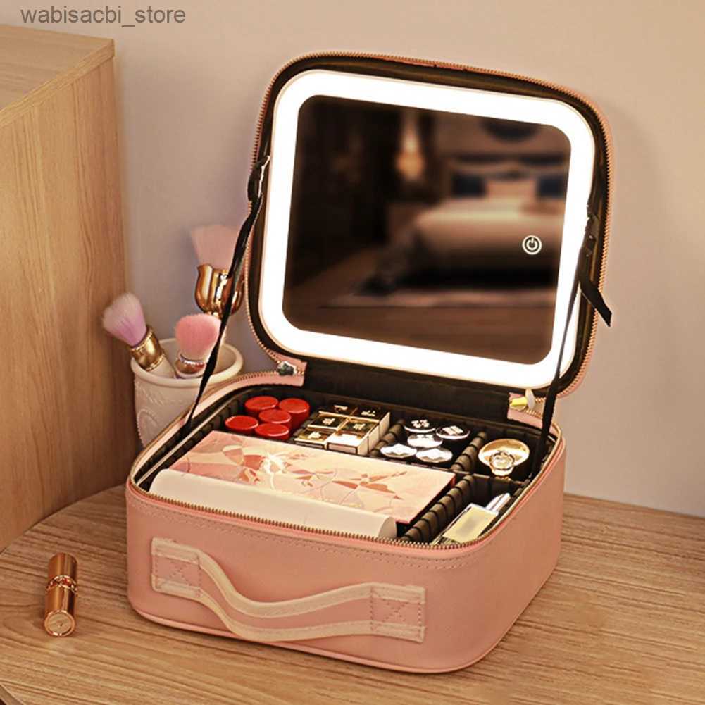 Cosmetic Bags Smart LED Cosmetic Case with Mirror Women Makeup Bag Portable Large Capacity Simple PU Leather Casual for Weekend Vacation L49