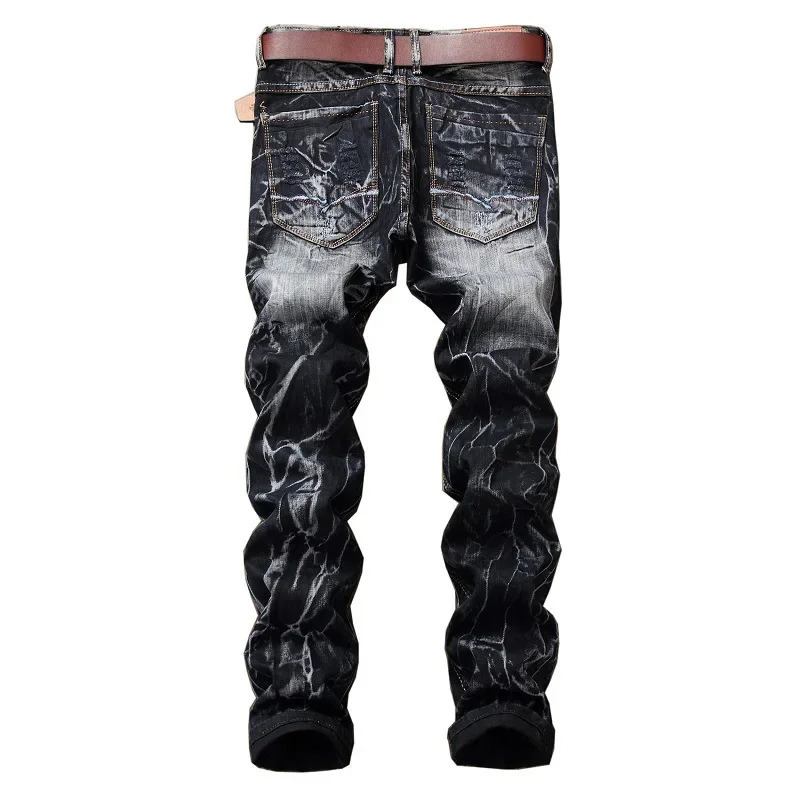 Retro Ripped Mens Jeans without Belt High Street Hip Hop Personalized Patchwork Fashion Motorcycle Slim Denim Trousers Male 241112