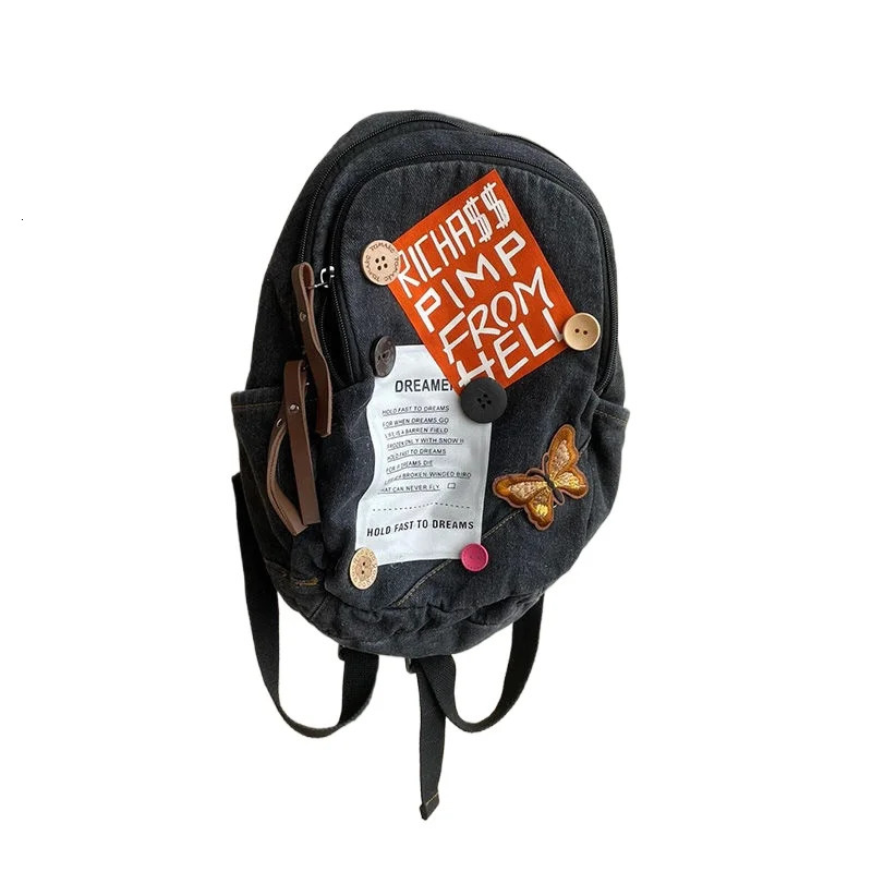 American retro button collage letters cute mini backpack student backpack storage bag Kawaii Y2k handbag denim backpack 241111