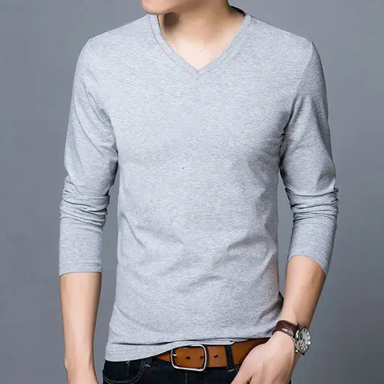 Spring and autumn fashion V-neck long sleeved solid color T-shirt mens clothing simple matching loose bottom shirt Y2K top 241112