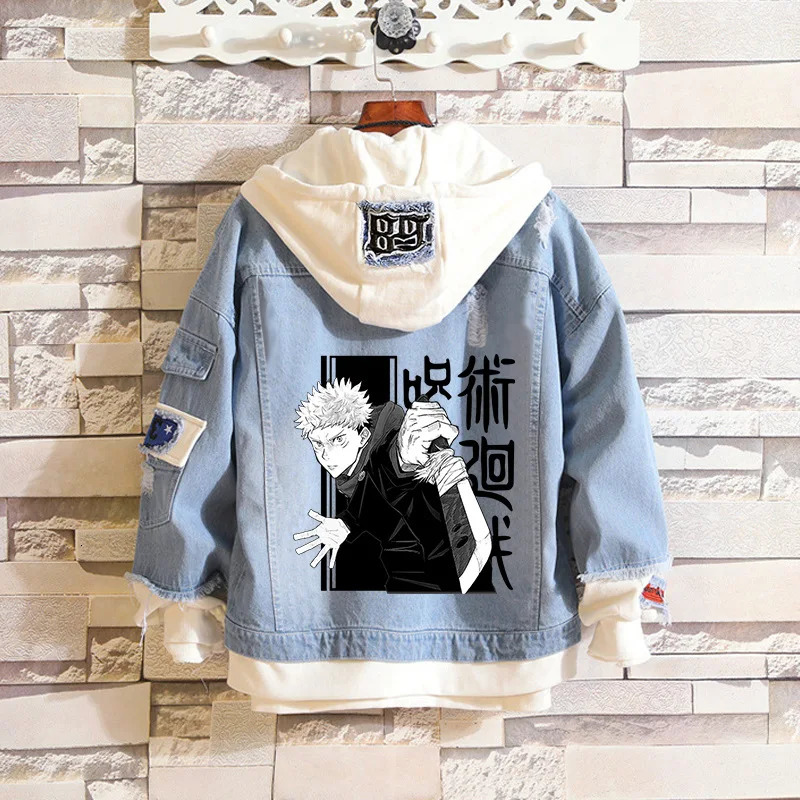 Anime Jujutsu Kaisen Men Jeans Jacket Gojo Satoru Print Casual Women Patchwork Denim Autumn Hooded Outwear Coat 241111