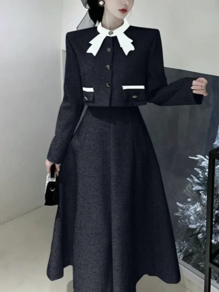 Autumn vintage elegant 2-piece dress set for women Korean fashion casual party set for women chic long sleeved topSolid Skirt 241112