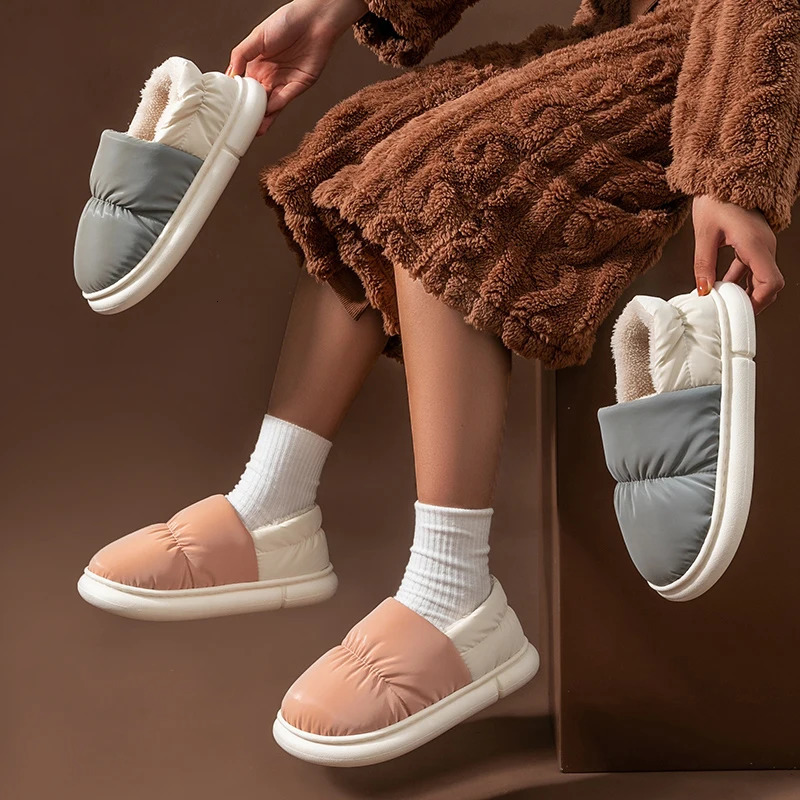 Winter Ladies Waterproof Non-slip Concise Slides Couple Cover Heel Warm Soft Plush Slippers Women Men Home Casual Cotton Shoes 241112