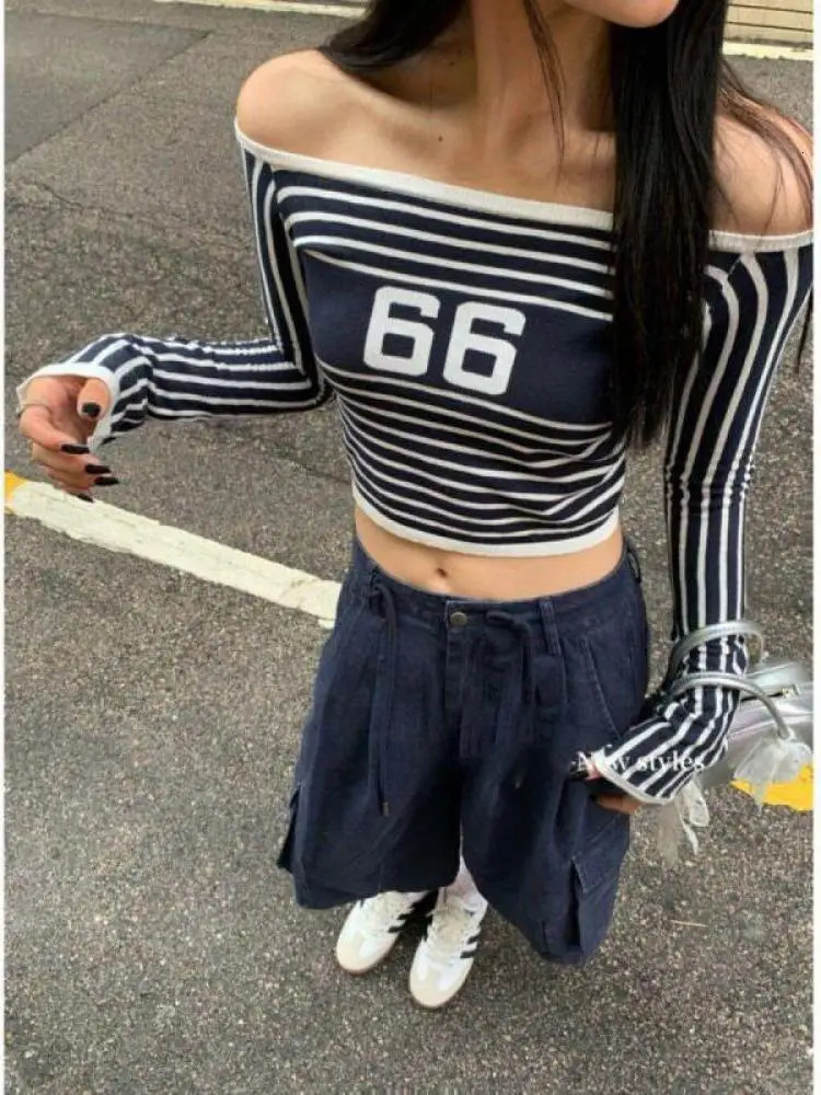 Tawaaiw striped knitted top long sleeved T-shirt womens clothing Korean fashion shoulder knitted autumn winter top T-shirt Y2k 241112