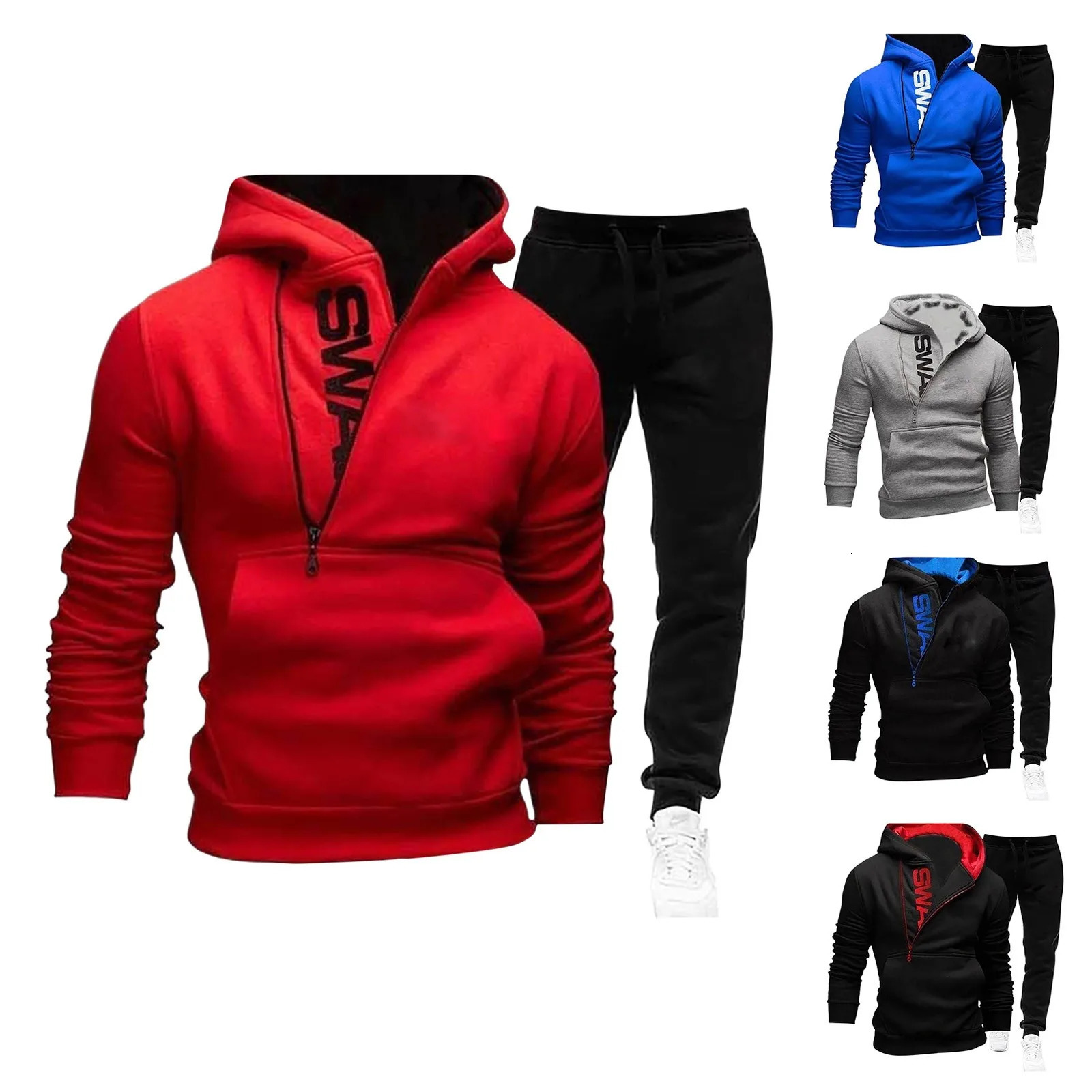 Side Zipper Men Tracksuit Set Matching Color Hooded Pullover Sweatshirt And Pant Mens Fleece Hip Hop Hoodie Street 241111
