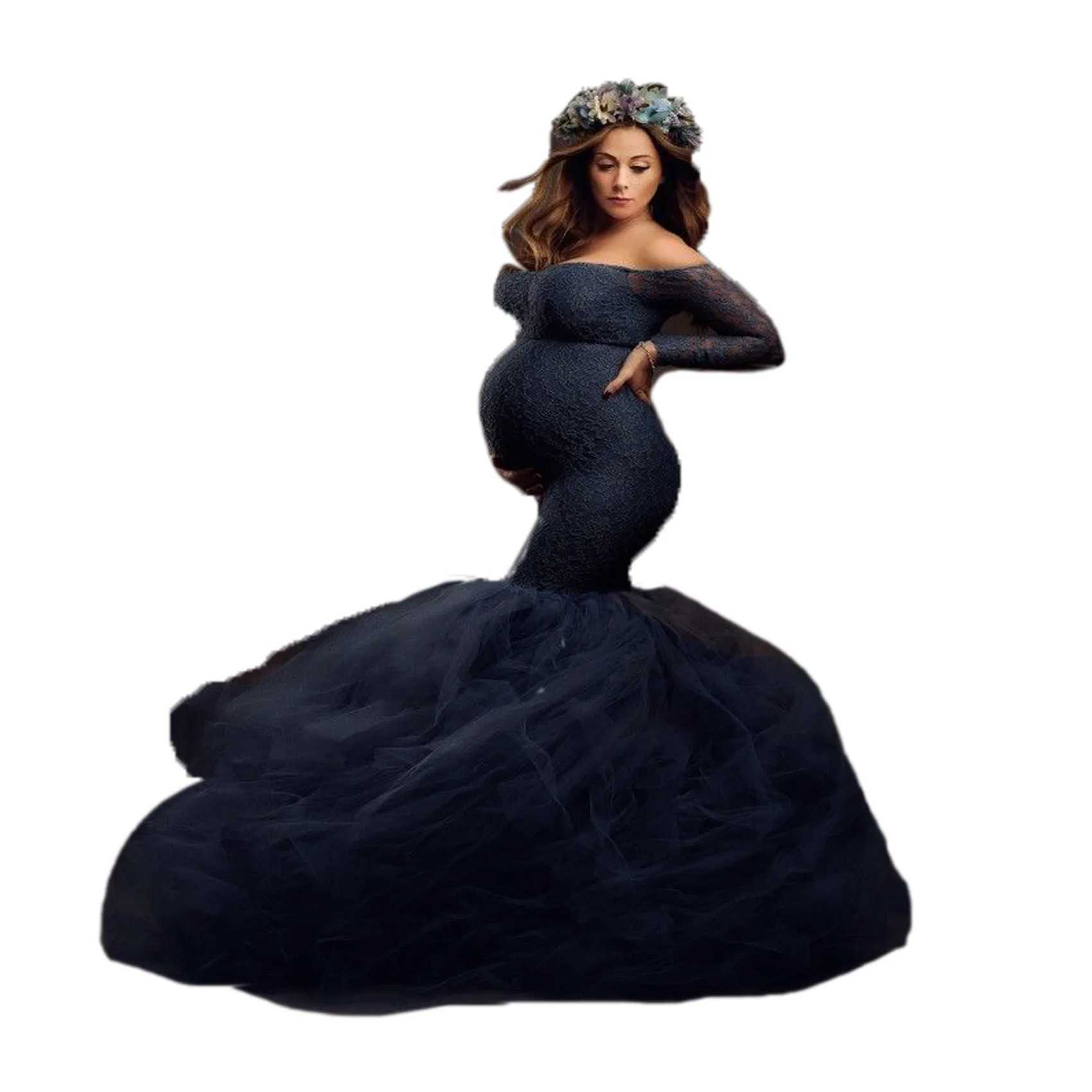Maternity Dresses Women Long Sleeve Off Shoulder Lace Maternity Dress for Photography Baby Shower with Mermaid Tulle Gown Photoshoot Baby Shower 24412