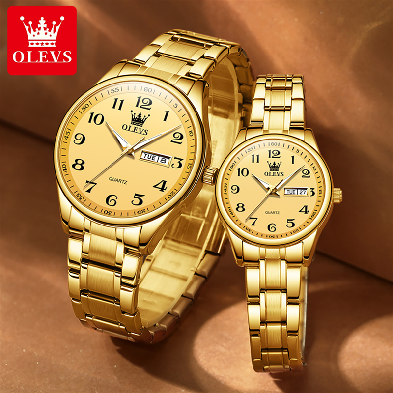 OLEVS 5567 Golden Quartz Couple Watches Paired Men and Women Brand Digits Dial Calendar Waterproof Lover's Watches Clock 9f5e0