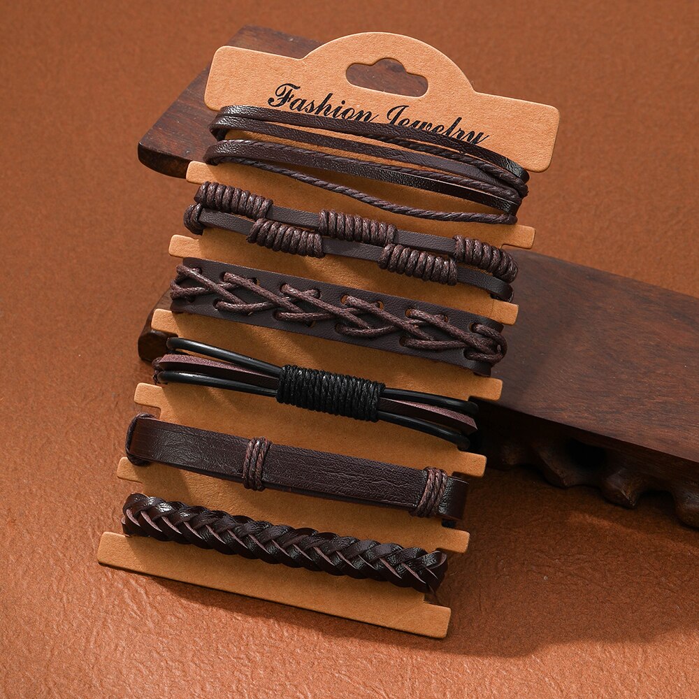 PCS New Vintage Hand Woven Wax Rope Cowhide Men s Leather Bracelet PU Accessories Party Rave 5