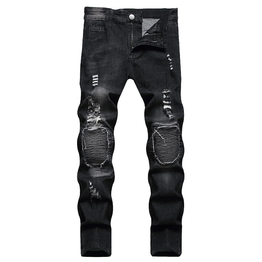 Men Motorcycle Biker Jeans Stylish Ripped Distressed Skinny Pencil Jeans Pants Holes Patch Slim Long Jeans Male Denim Trousers 241112