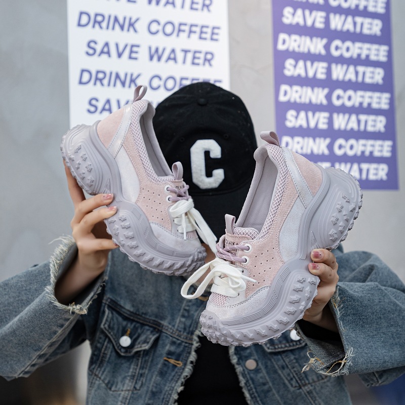 Chunky Microfiber Leather Sneakers: Breathable Mesh, Comfy Platform Wedges 4