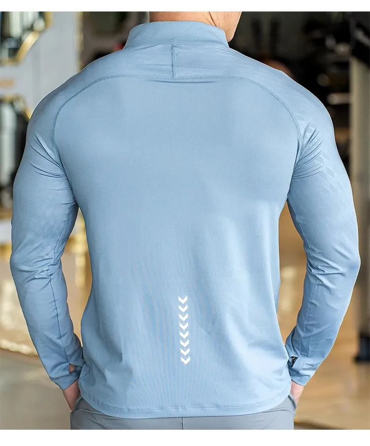 Autumn winter Running Gym Men Shirt long Sleeve Tees elastic fit Sports training Fitness Quick dry Zip collar Polo T Shirt 241112