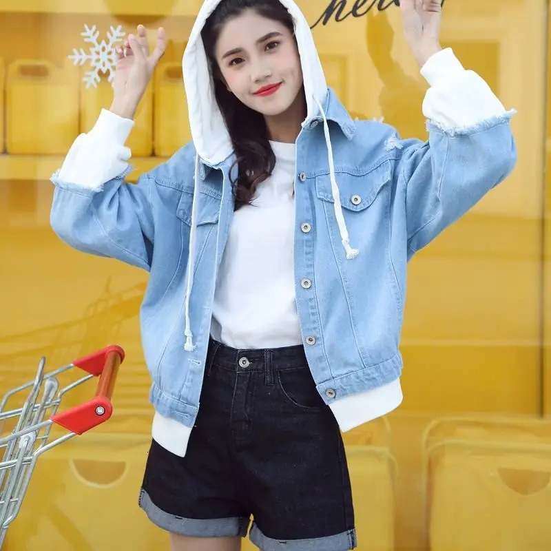 Retro denim jacket womens spring and autumn jacket open top hooded jacket windproof basic jacket boyfriend womens jeans jacket 241112